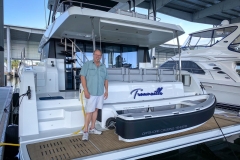 Swim platform storage on this power catamaran is a breeze!